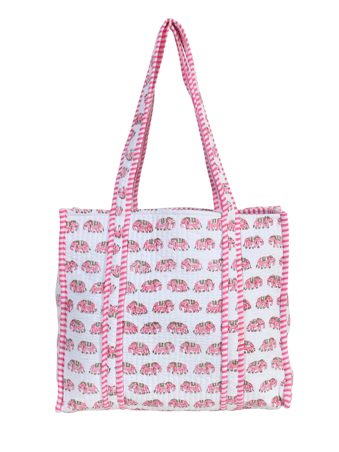 Shoulder Bag Pink & White Block Printed Cotton Quilted Tote Bags For Women