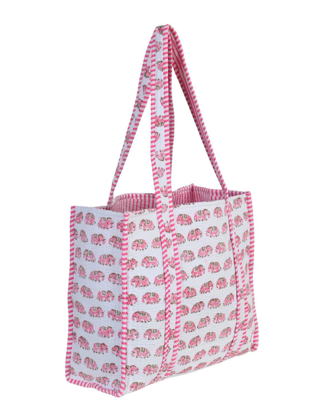Shoulder Bag Pink & White Block Printed Cotton Quilted Tote Bags For Women