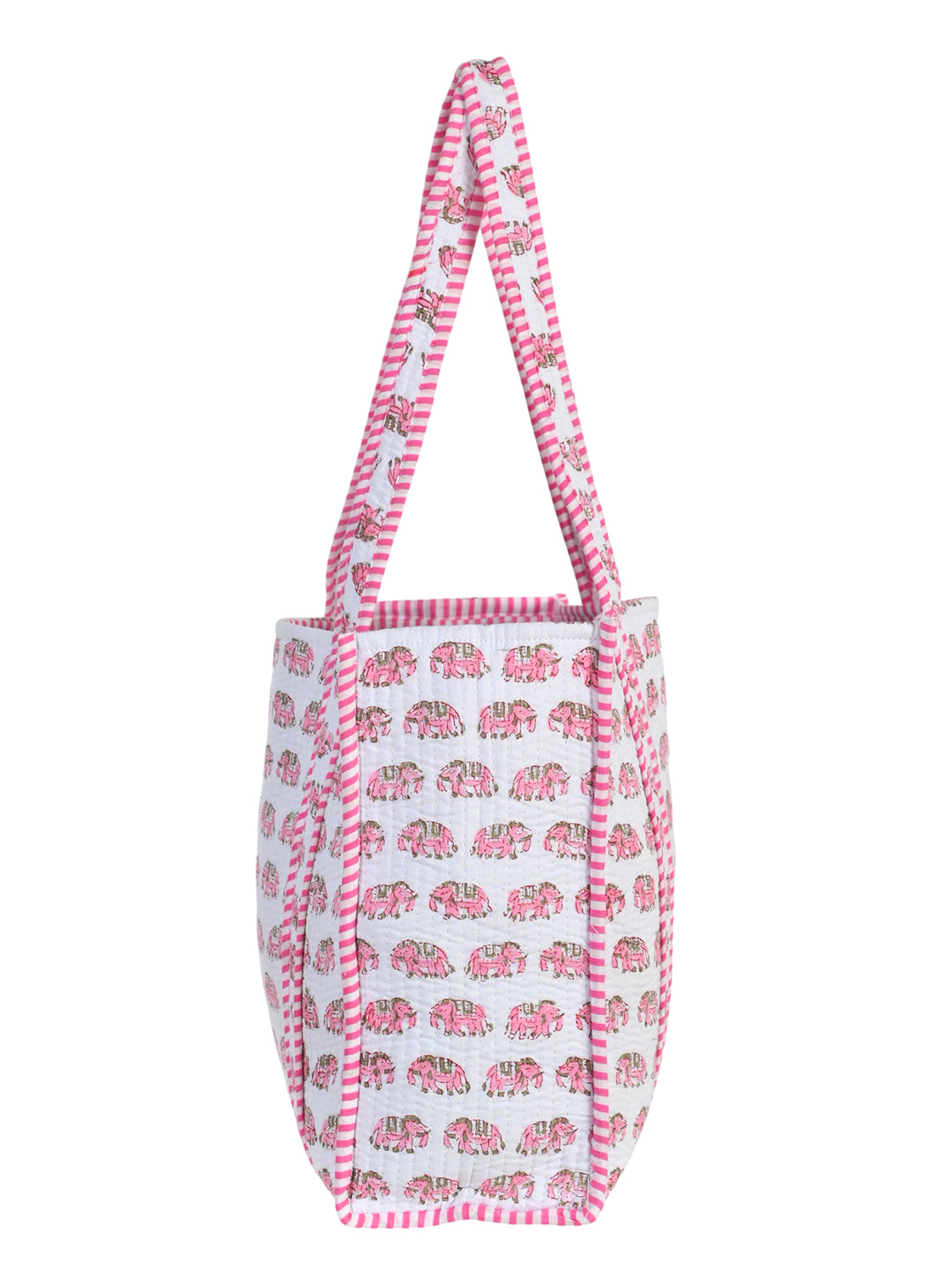 Shoulder Bag Pink & White Block Printed Cotton Quilted Tote Bags For Women