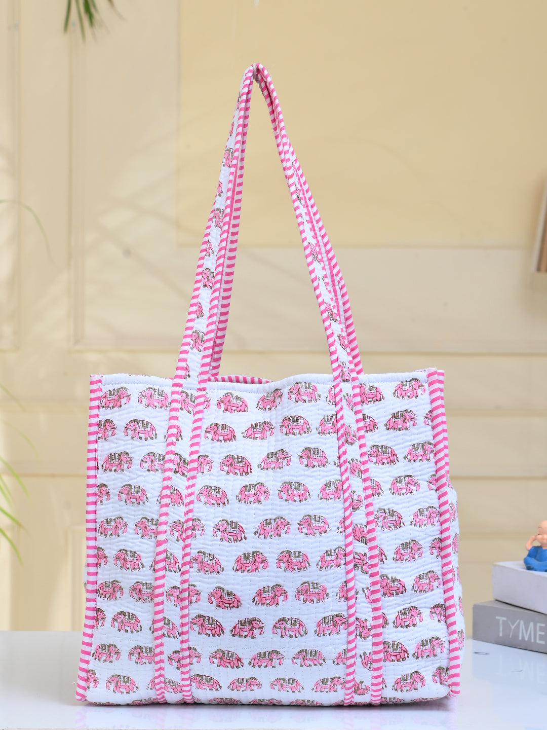 Shoulder Bag Pink & White Block Printed Cotton Quilted Tote Bags For Women