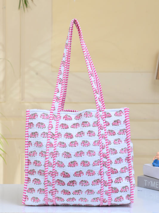 Shoulder Bag Pink & White Block Printed Cotton Quilted Tote Bags For Women