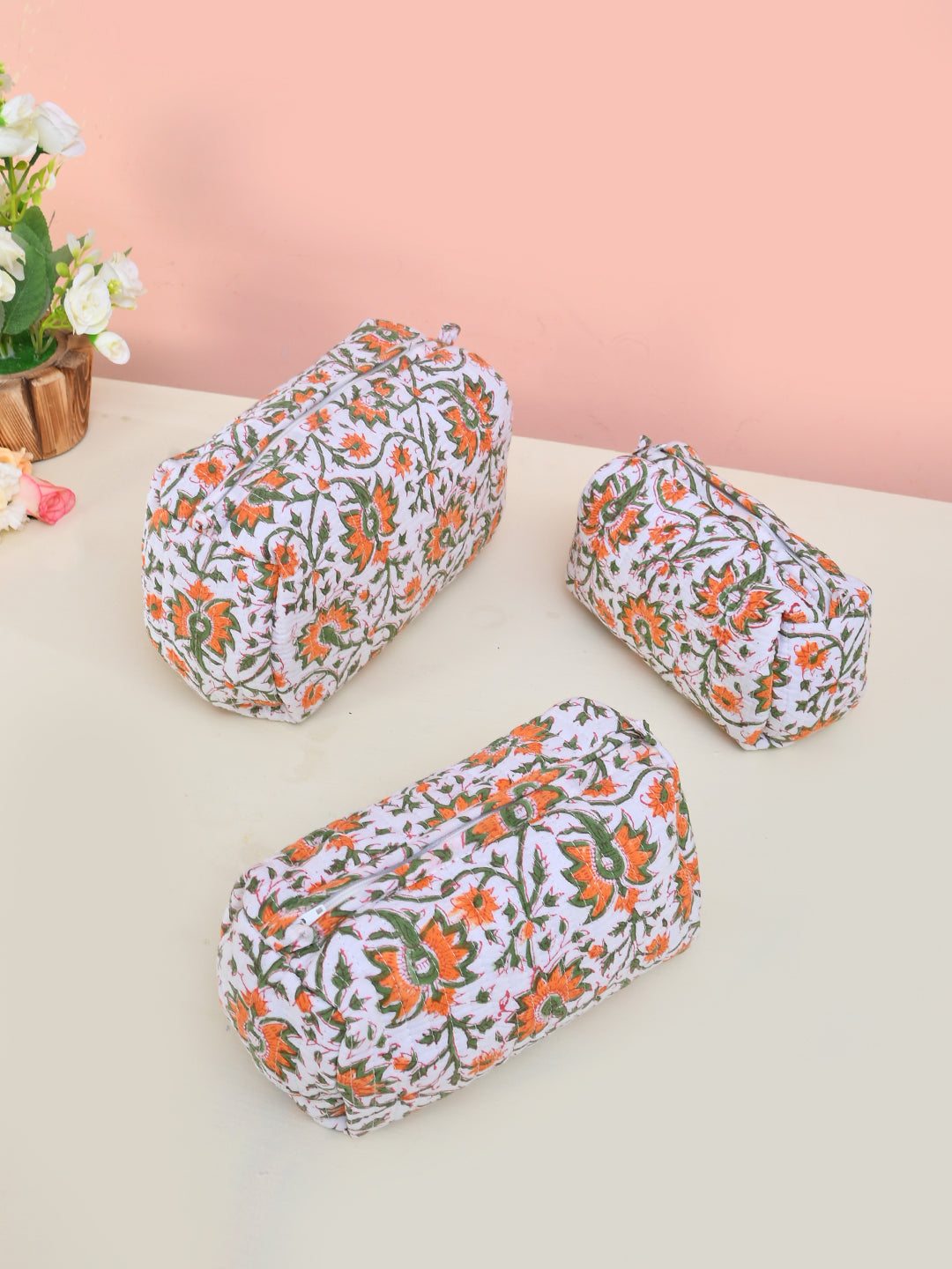 3 Pcs Quilted Orange Travel Toiletry Organizer Bags with Zip Closure | Multipurpose Vanity Storage Pouches