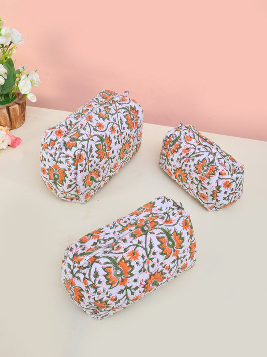 3 Pcs Quilted Orange Travel Toiletry Organizer Bags with Zip Closure | Multipurpose Vanity Storage Pouches