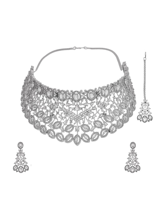 Amercian Diamond Crystal Bridal Choker Necklace Set |  Wedding & Reception Statement Jewelry For Women