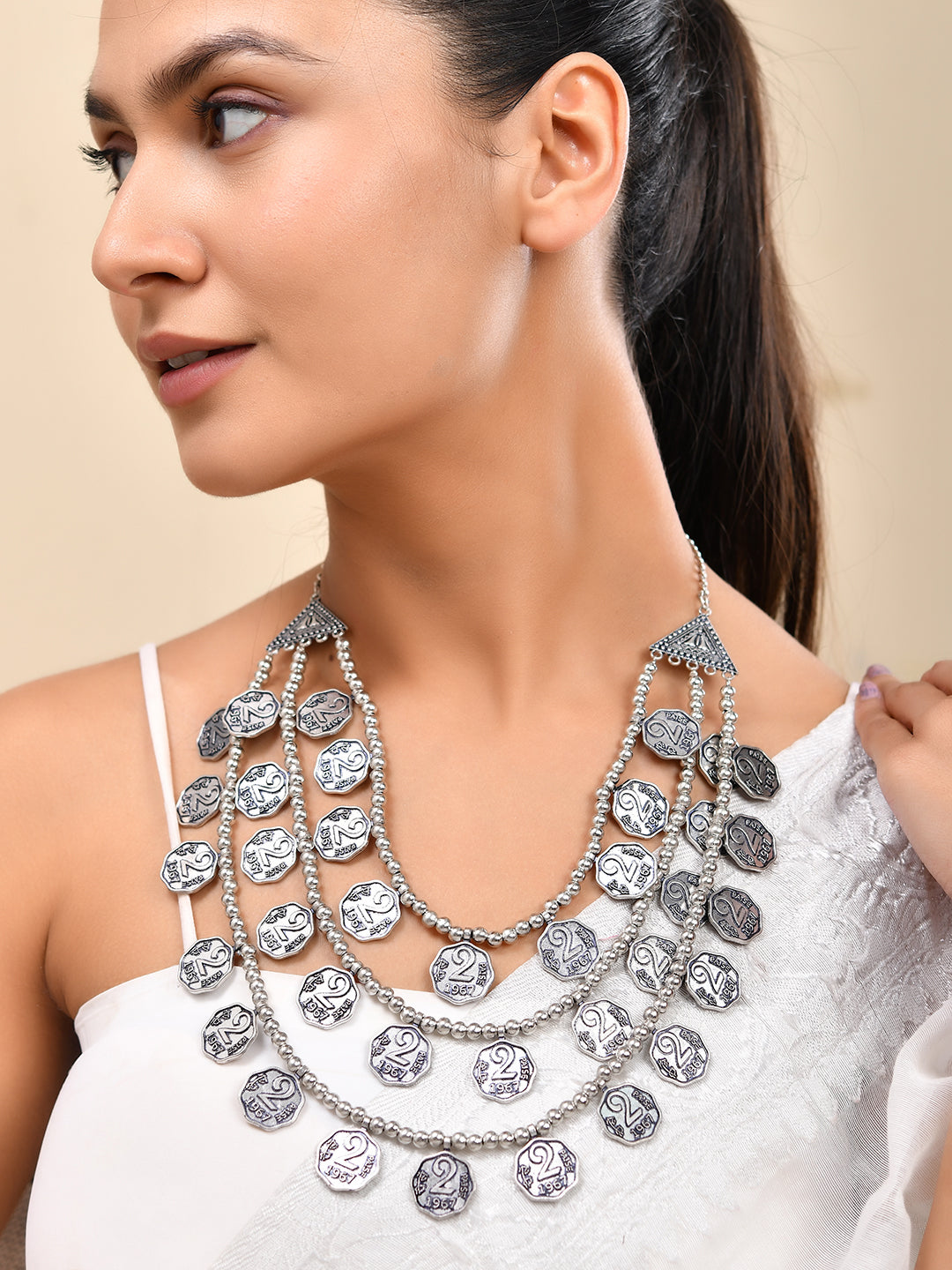 Oxidised Silver Tribal Necklace With Coins Double Side Wear For Women