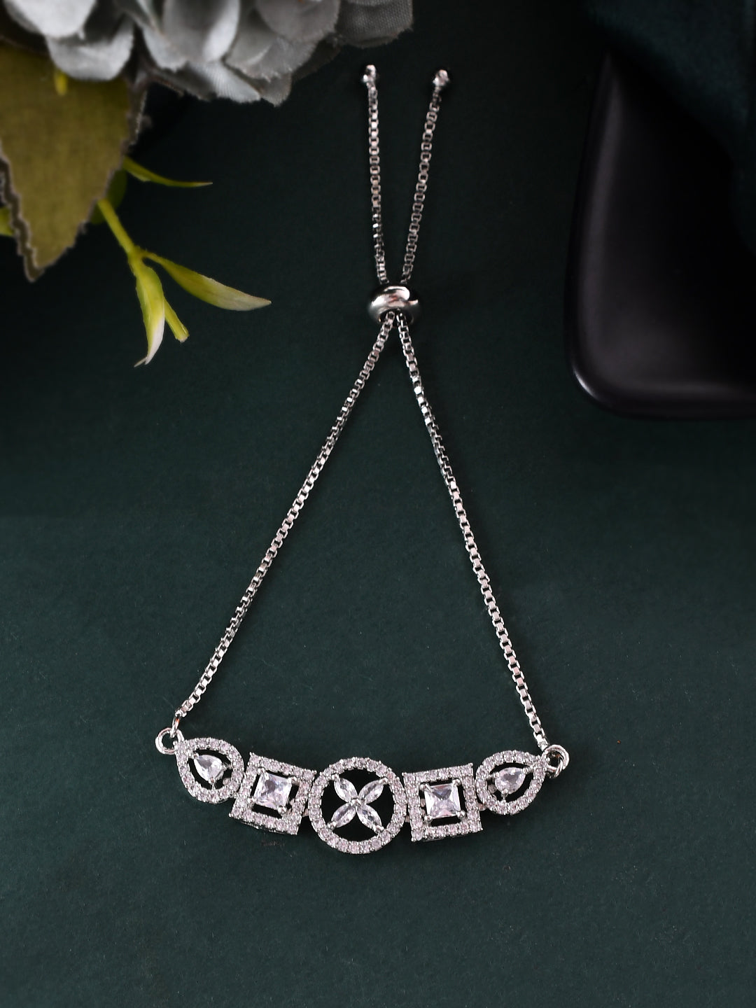 Silver-Toned Geometric Crystal Bracelet for Women | Daily & Party Wear Jewellery