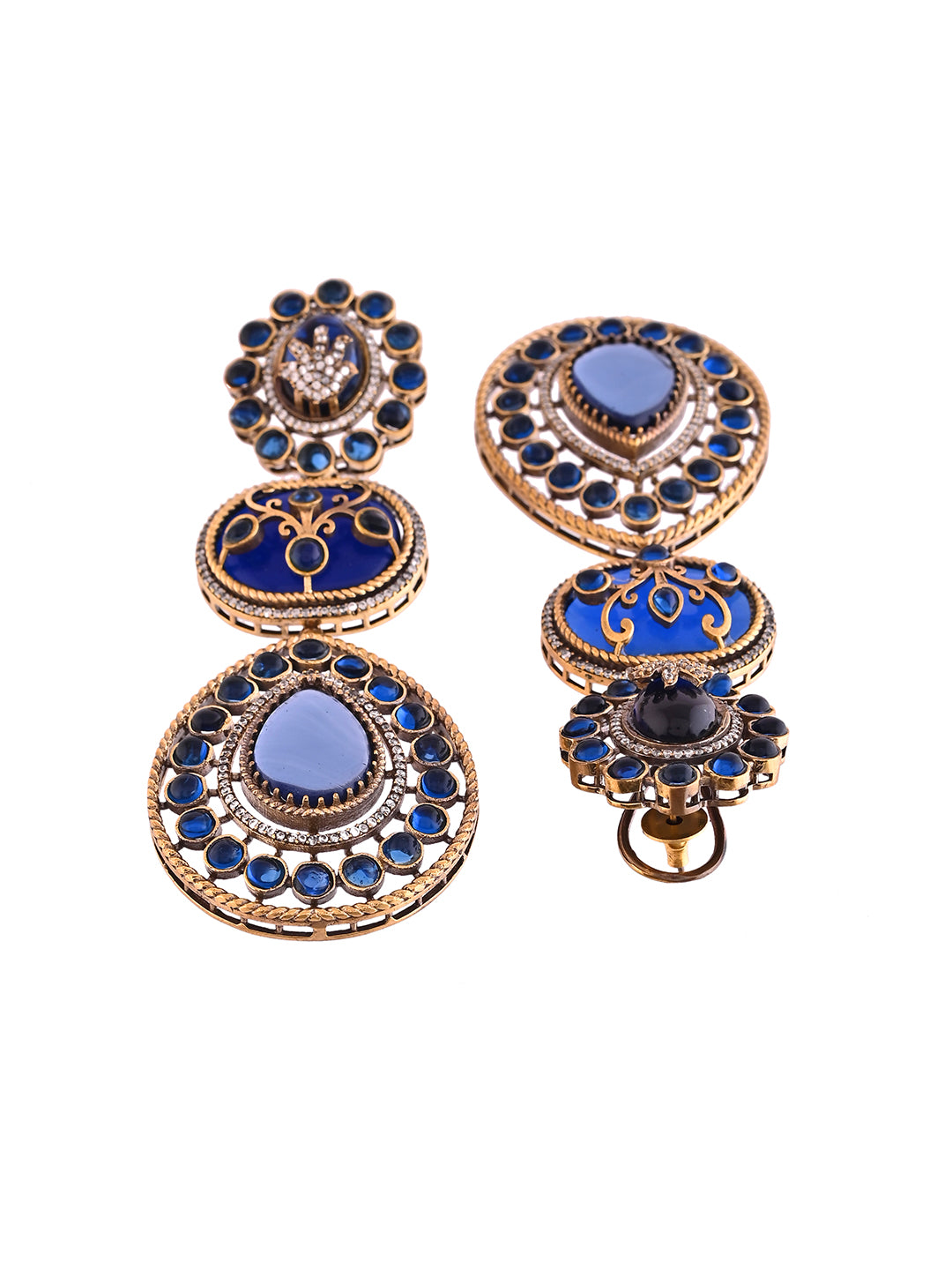 Gold-Plated Blue Stone Long Drop Earrings For Women | Partywear Statement Earrings | Premium Ethnic Jewellery