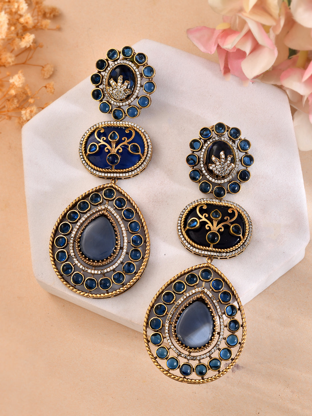 Gold-Plated Blue Stone Long Drop Earrings For Women | Partywear Statement Earrings | Premium Ethnic Jewellery