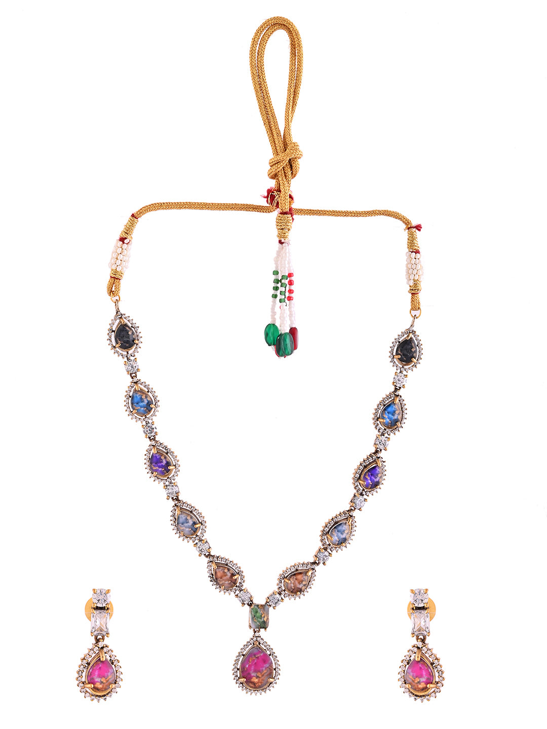 Multicolor Stone AD Necklace Set For Women | Teardrop CZ Necklace & Earrings | Party Wear Jewellery