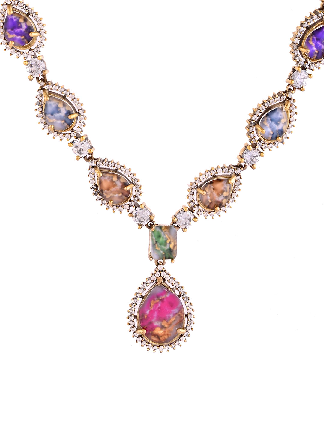 Multicolor Stone AD Necklace Set For Women | Teardrop CZ Necklace & Earrings | Party Wear Jewellery