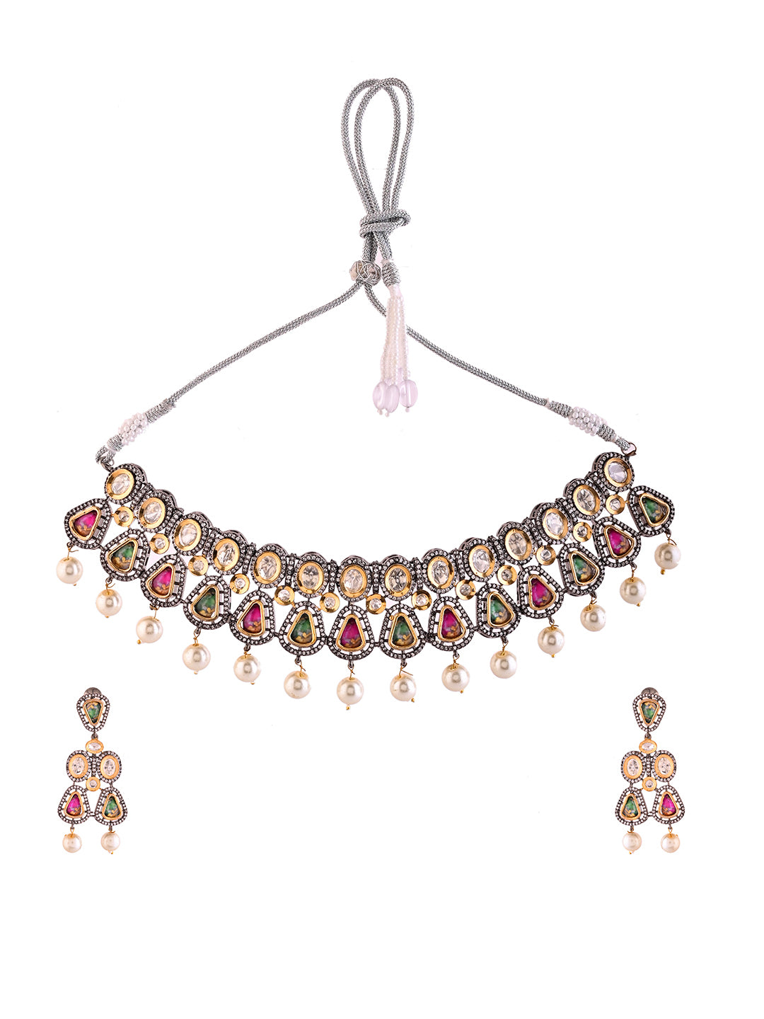 Traditional Bridal Polki Kundan Jewelry Set | Choker & Earrings For Women