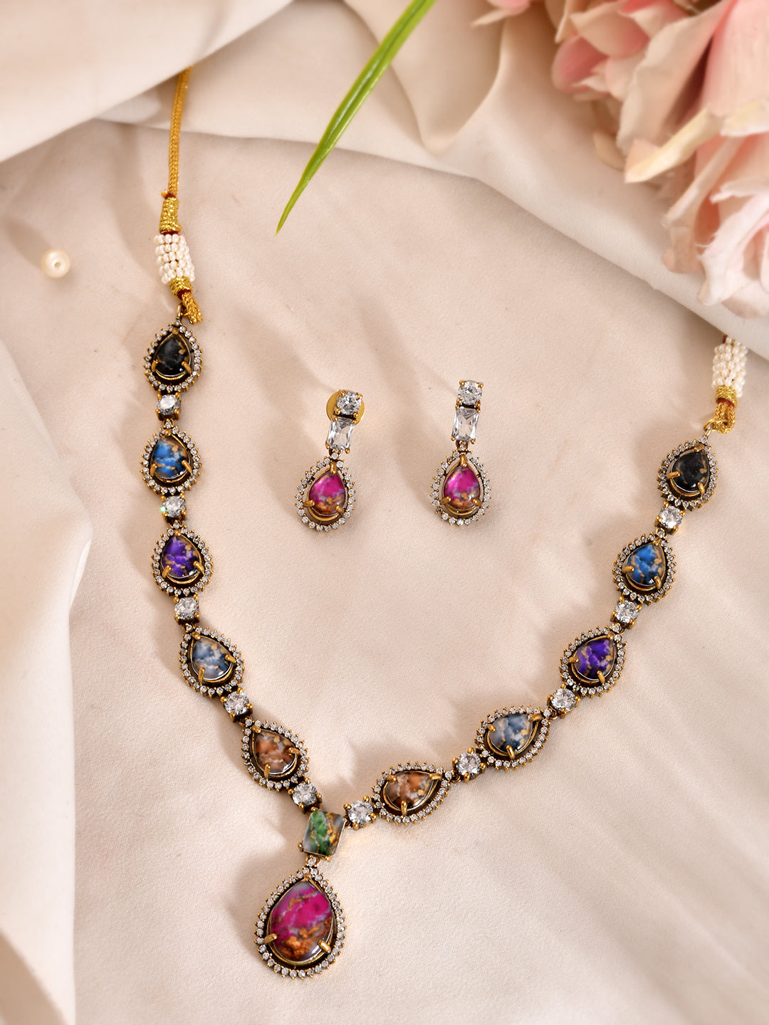 Multicolor Stone AD Necklace Set For Women | Teardrop CZ Necklace & Earrings | Party Wear Jewellery