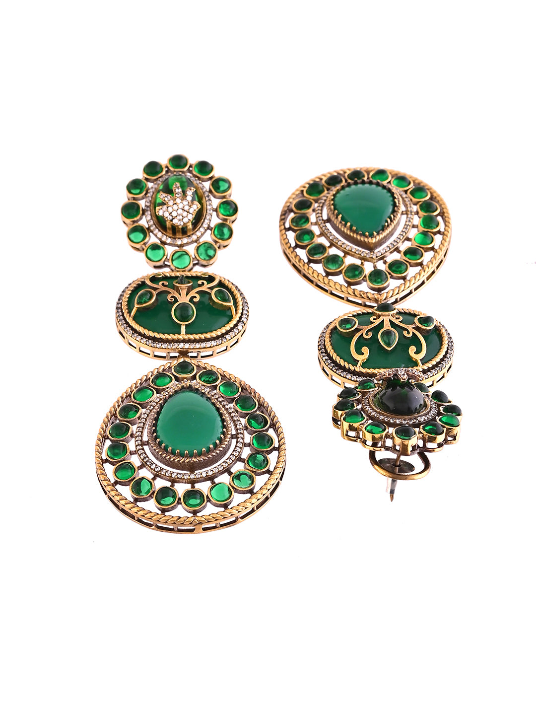 Gold-Plated Green Stone Long Drop Earrings For Women | Partywear Statement Dangler Earrings | Premium Ethnic Jewellery
