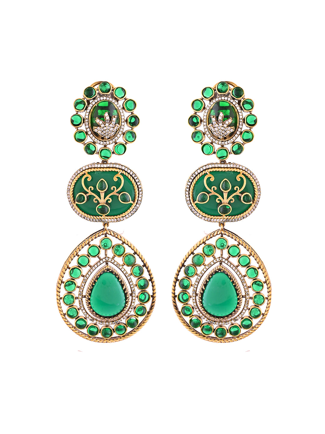 Gold-Plated Green Stone Long Drop Earrings For Women | Partywear Statement Dangler Earrings | Premium Ethnic Jewellery