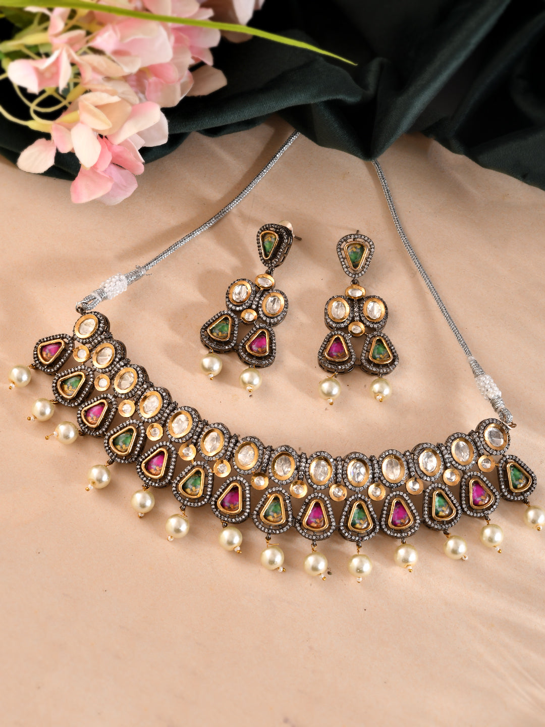 Traditional Bridal Polki Kundan Jewelry Set | Choker & Earrings For Women