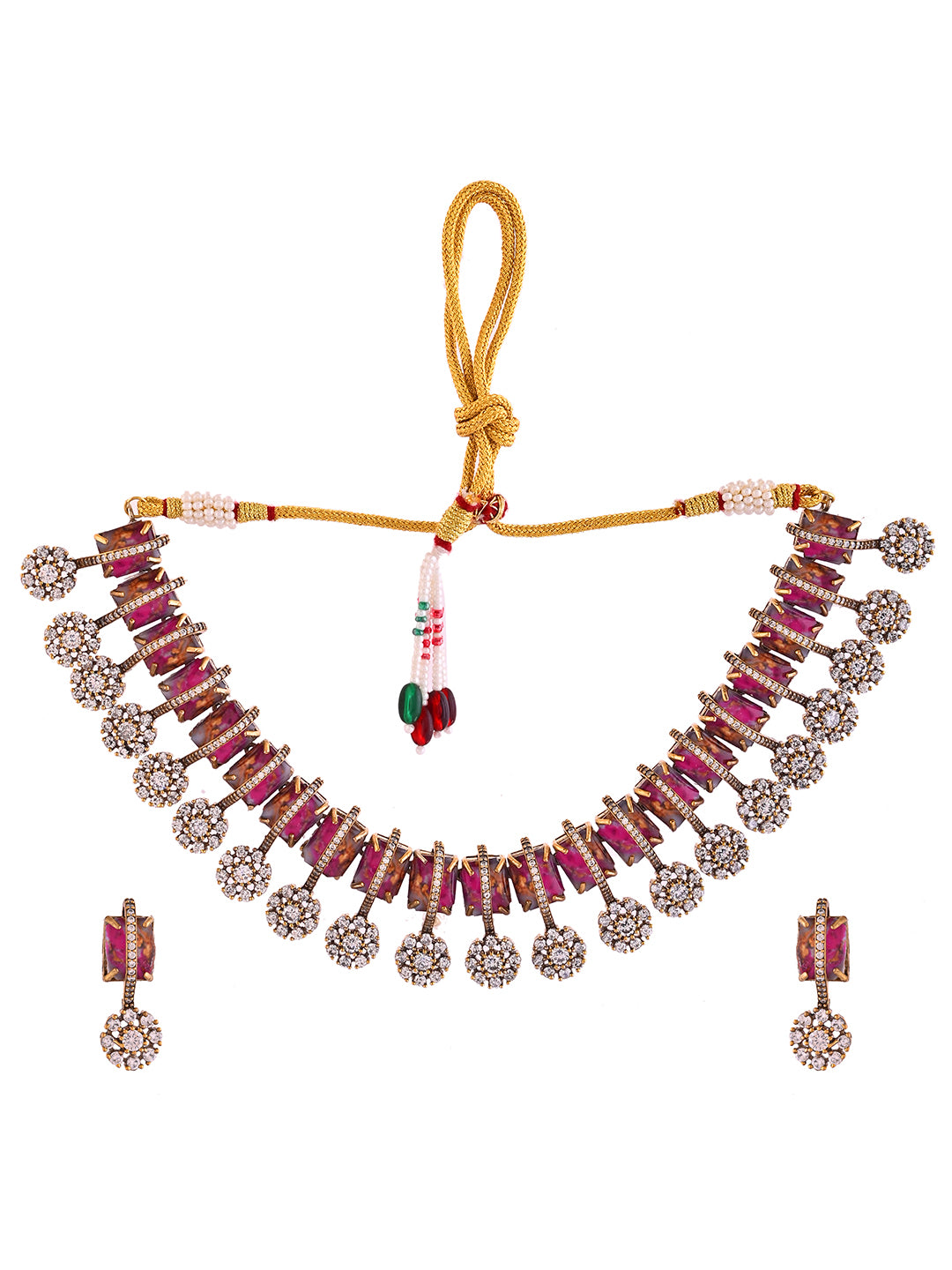 Ruby Pink Stone Floral CZ Necklace Set For Women | Partywear Jewellery