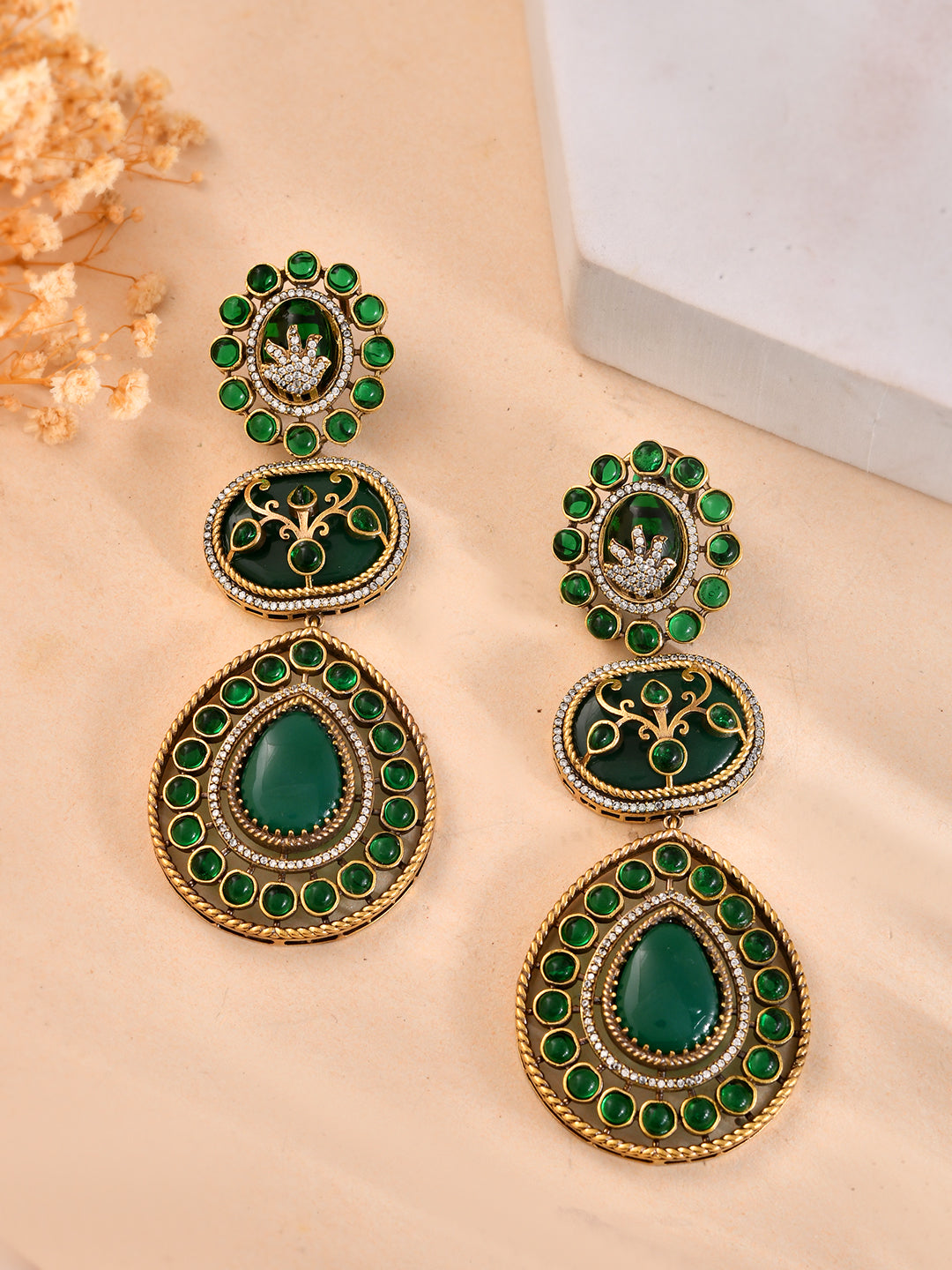 Gold-Plated Green Stone Long Drop Earrings For Women | Partywear Statement Dangler Earrings | Premium Ethnic Jewellery