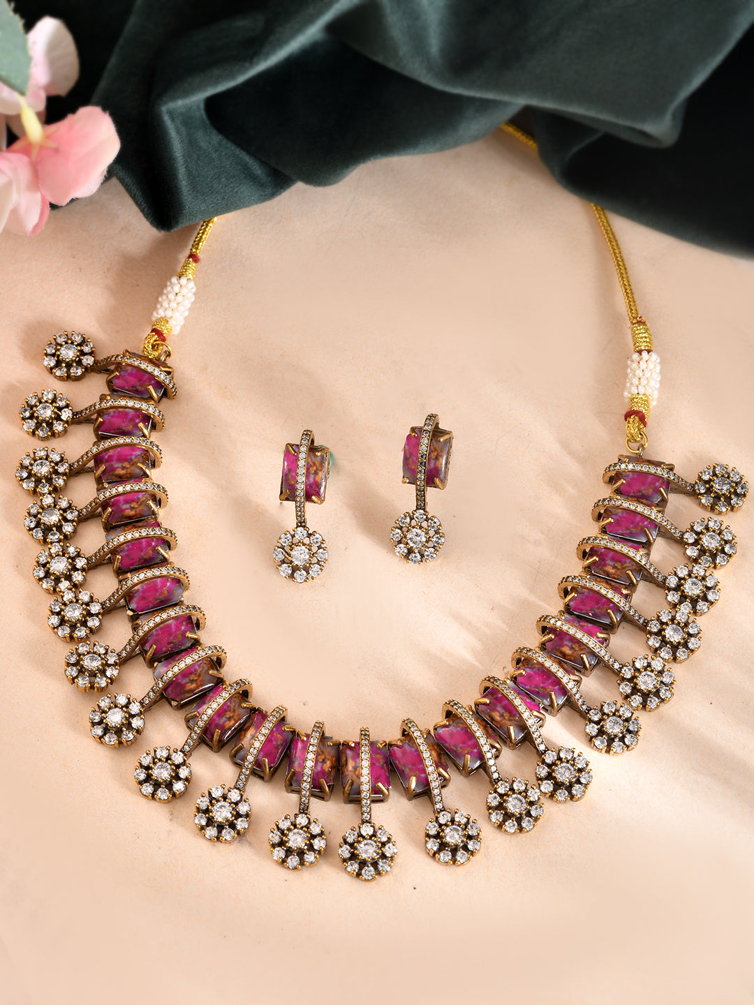 Ruby Pink Stone Floral CZ Necklace Set For Women | Partywear Jewellery