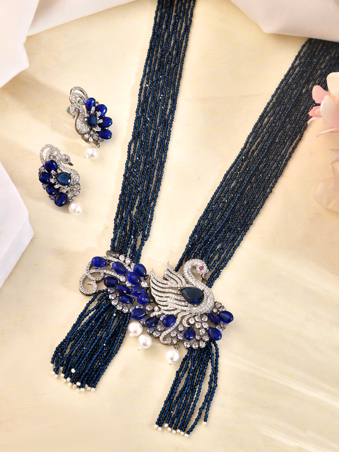 Blue Beads Necklace Set For Women | Royal AD Stone Long Necklace With Earrings | Party & Wedding Jewellery