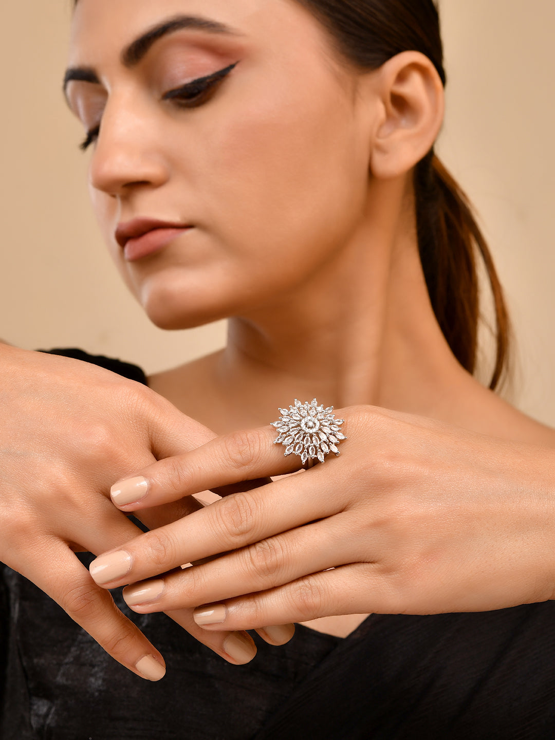 American Diamond Adjustable Statement Silver Plated Party Wear Ring For Women