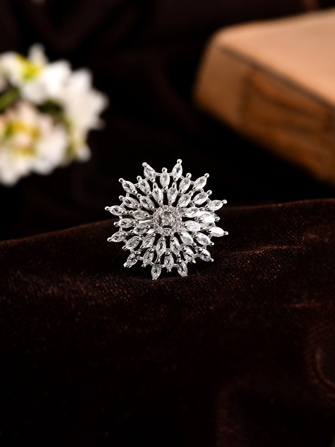American Diamond Adjustable Statement Silver Plated Party Wear Ring For Women