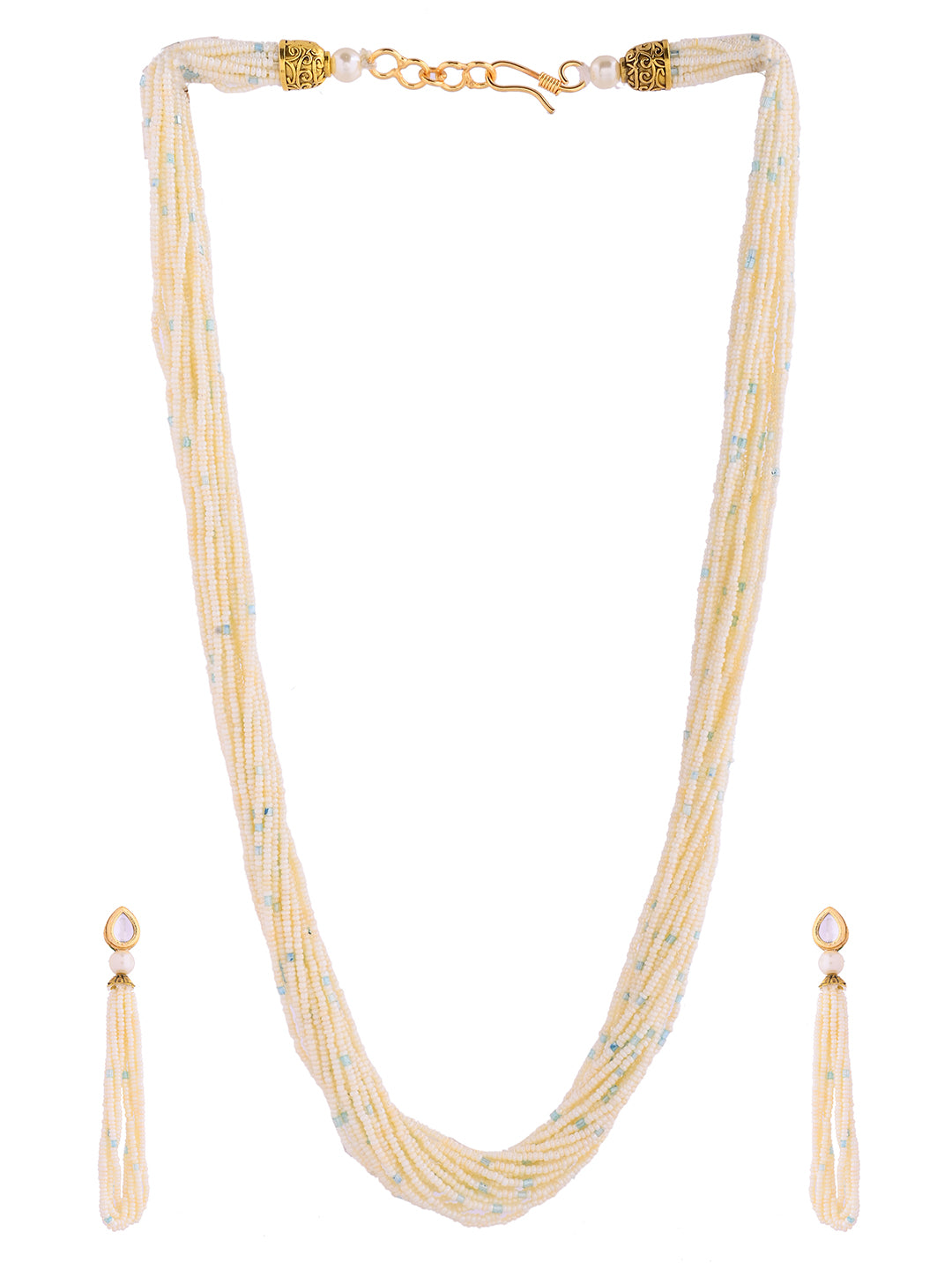 White Pearl Multi-Strand Beaded Necklace Set With Drop Earrings For Women
