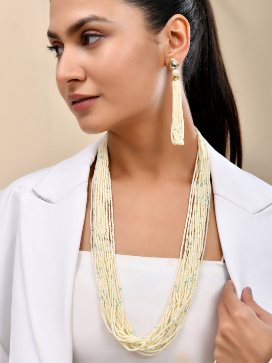 White Pearl Multi-Strand Beaded Necklace Set With Drop Earrings For Women