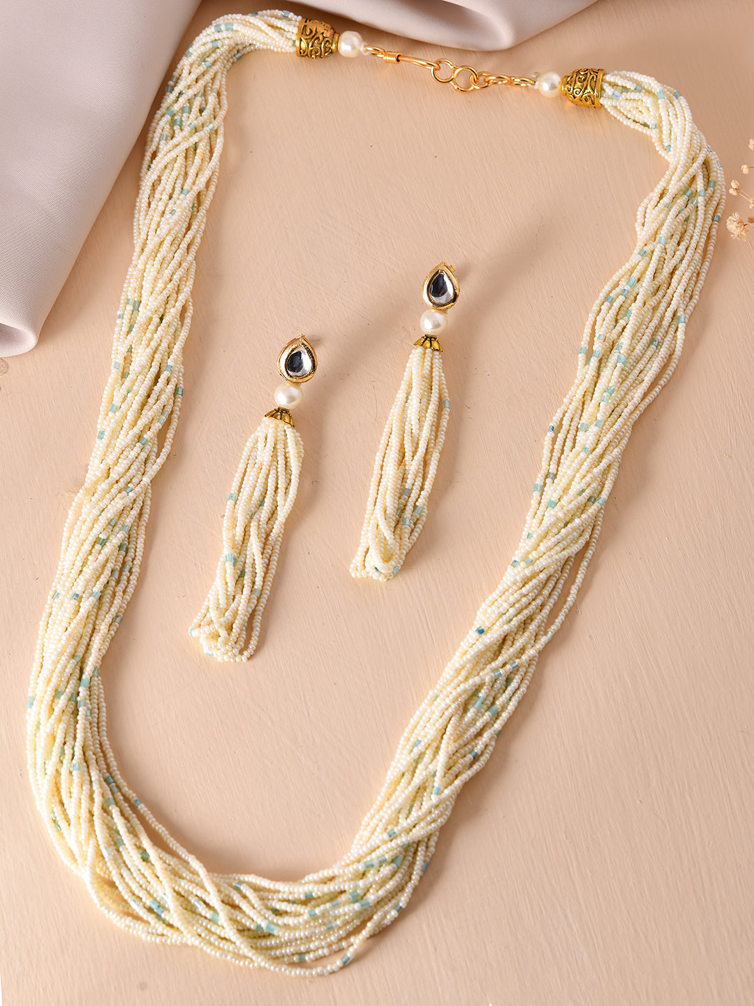 White Pearl Multi-Strand Beaded Necklace Set With Drop Earrings For Women