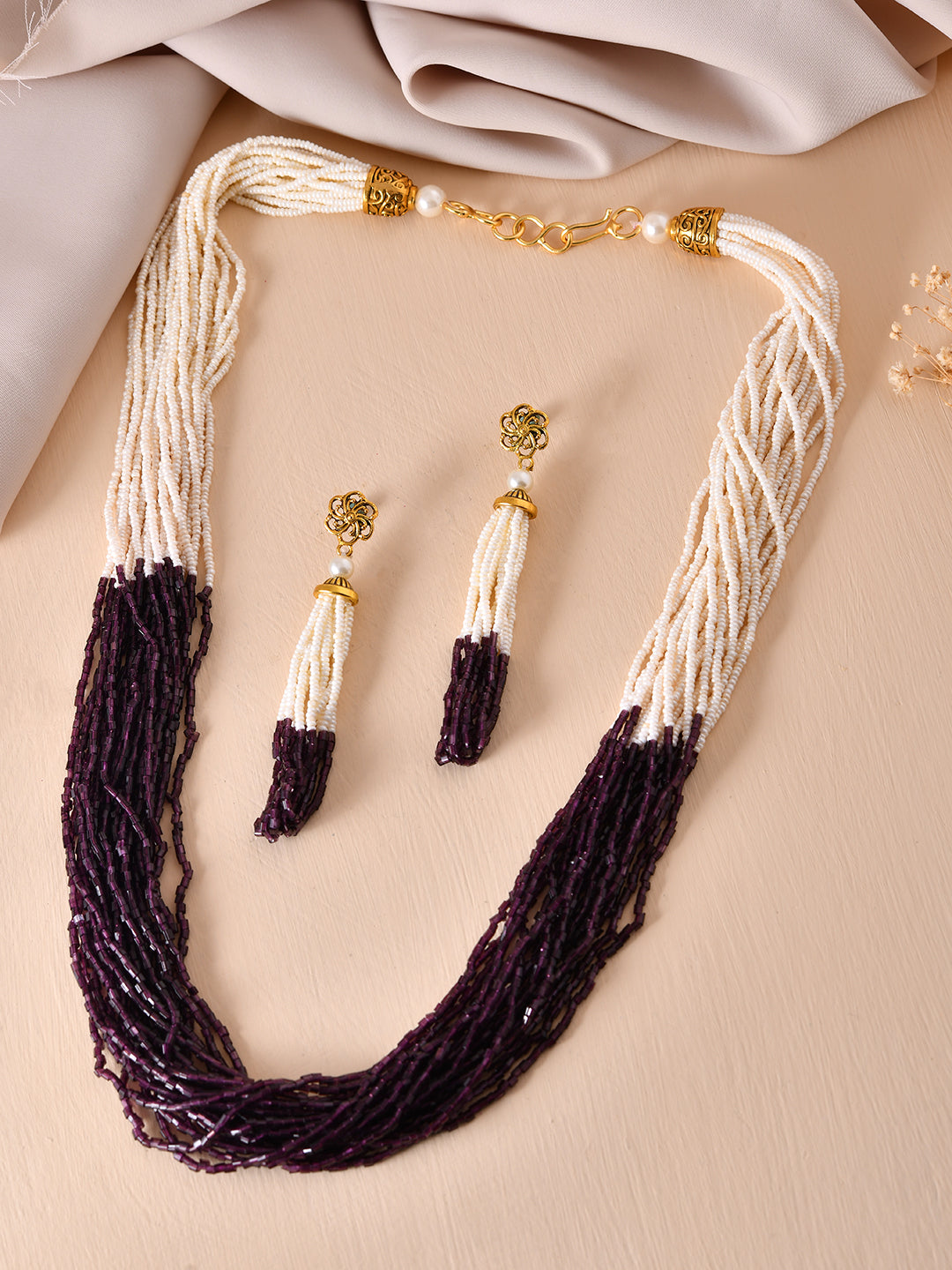 Classic Pearl Beads Necklace Set With Long Drop Earrings For Women