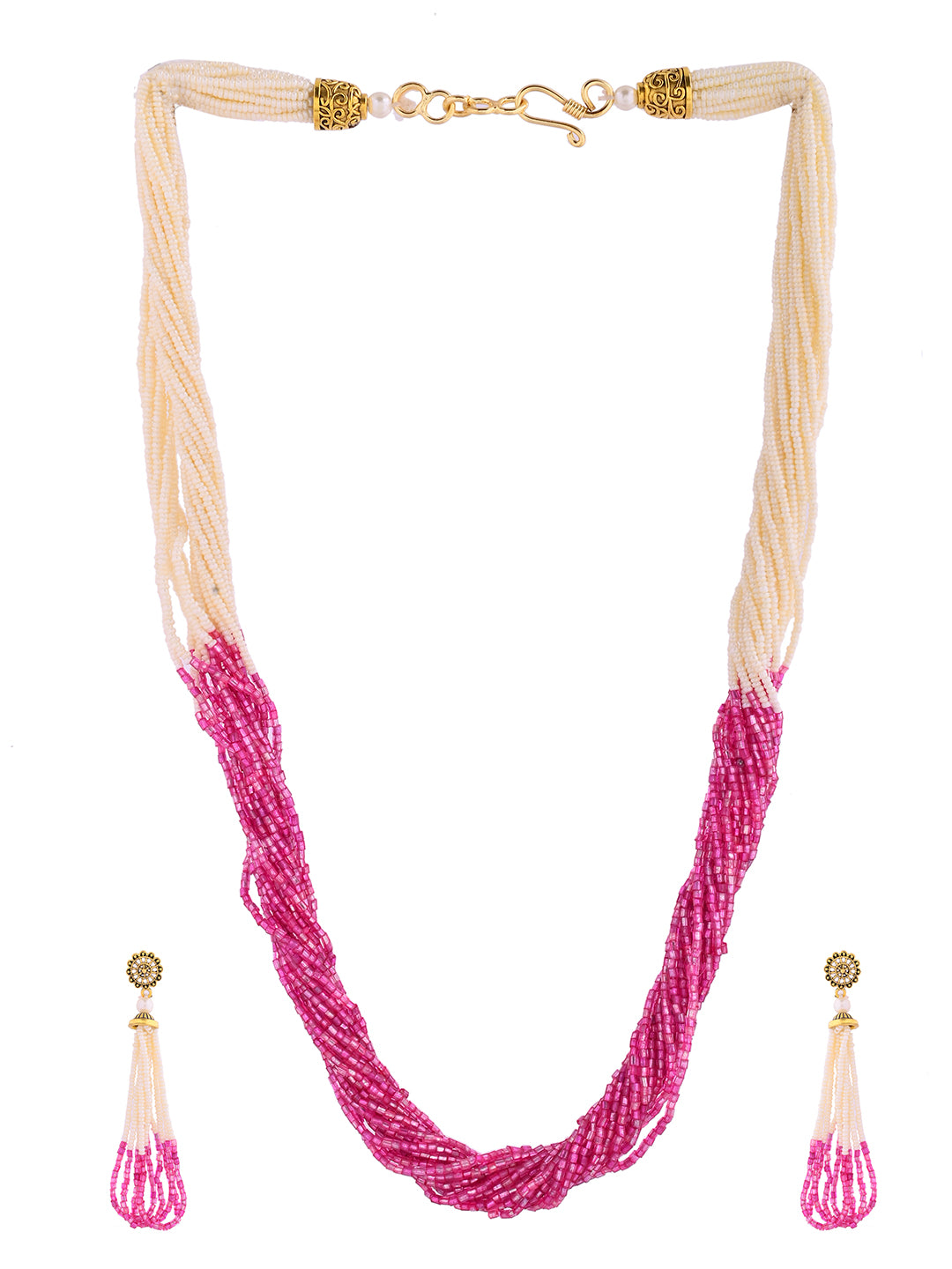 White & Pink Multi-Strand Pearl Beaded Jewellery Set For Women
