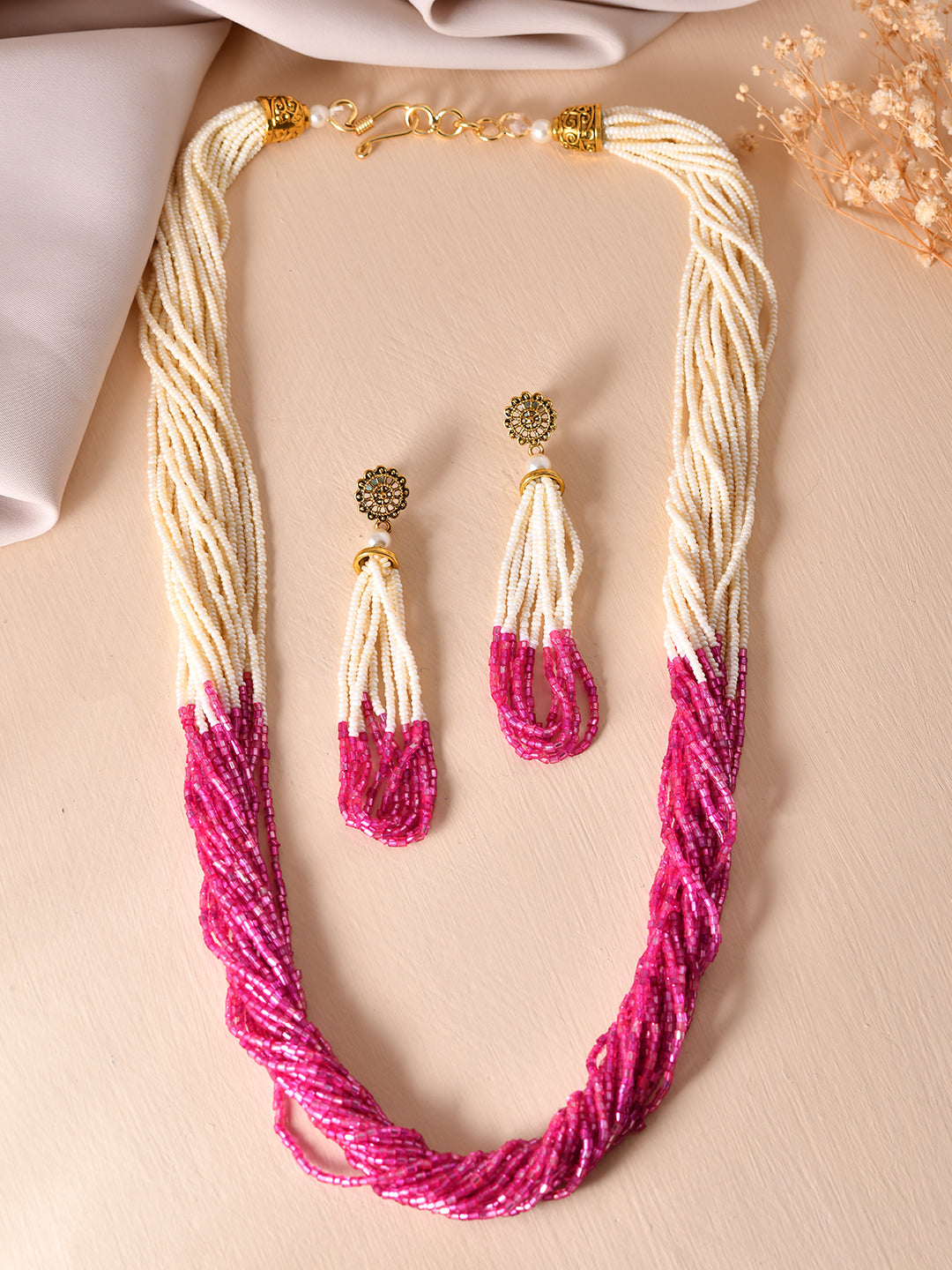 White & Pink Multi-Strand Pearl Beaded Jewellery Set For Women