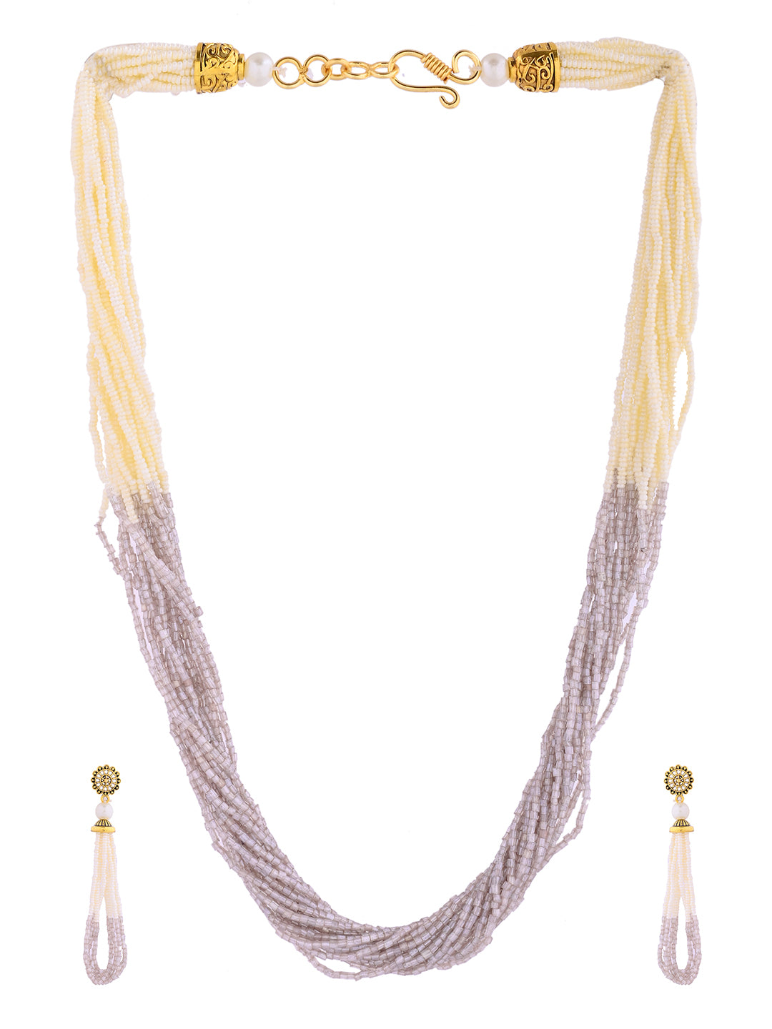 White & Grey Multi-Strand Pearl Beaded Necklace Set For Women