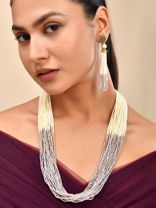 White & Grey Multi-Strand Pearl Beaded Necklace Set For Women