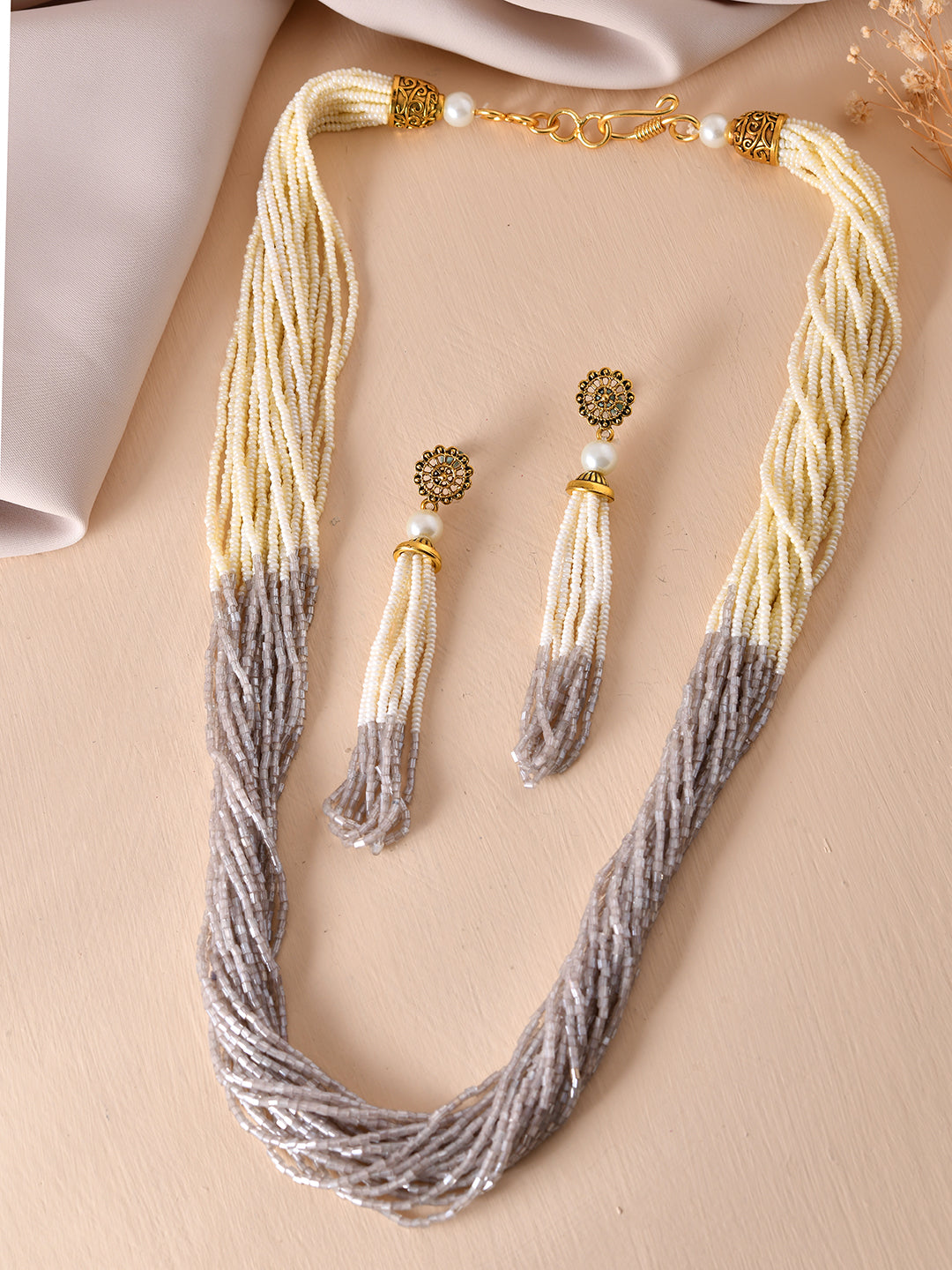 White & Grey Multi-Strand Pearl Beaded Necklace Set For Women