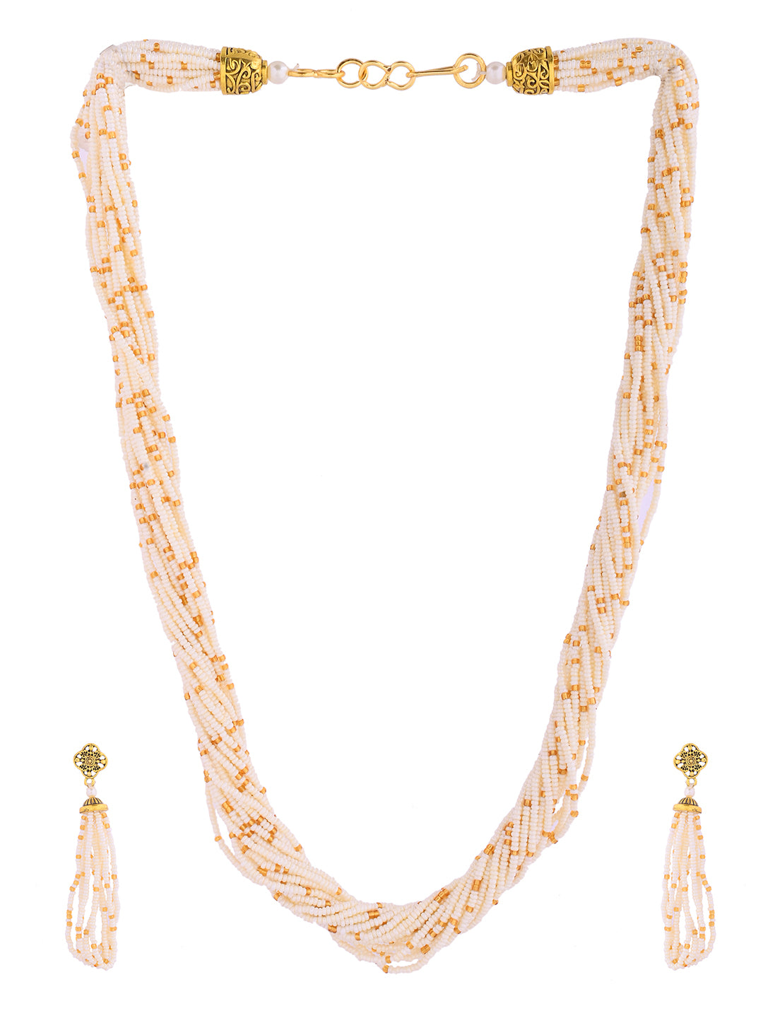 White & Gold Beaded Necklace Set Traditional Jewellery Set For Women