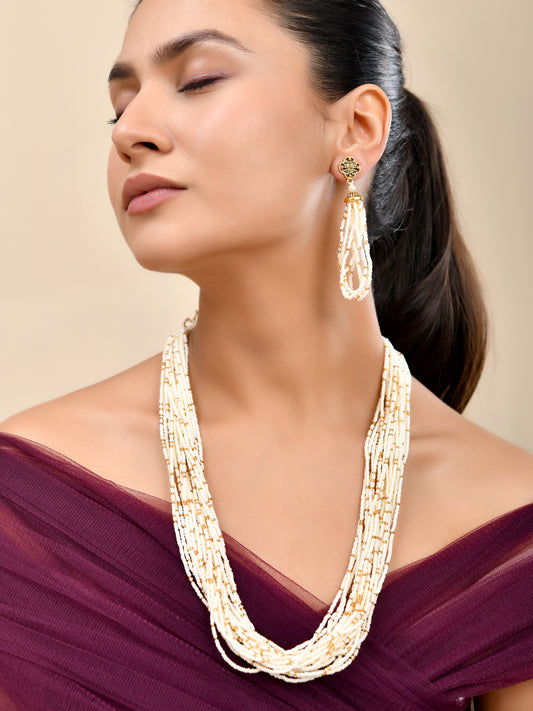 White & Gold Beaded Necklace Set Traditional Jewellery Set For Women
