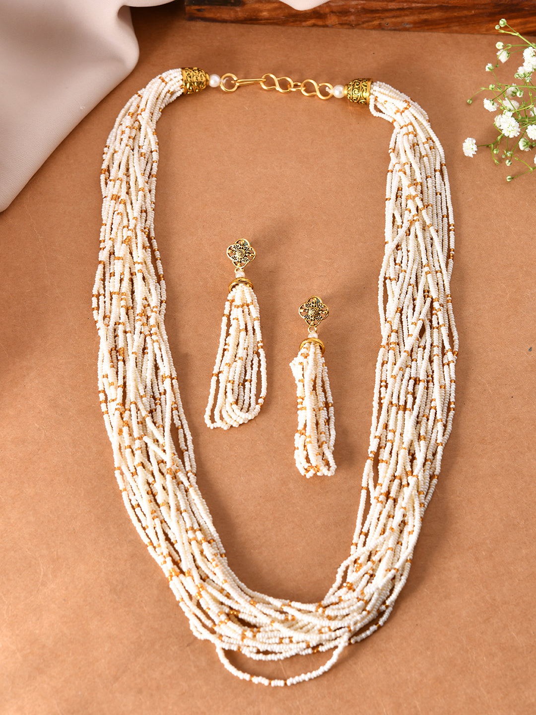 White & Gold Beaded Necklace Set Traditional Jewellery Set For Women