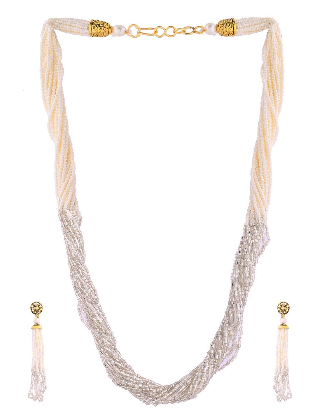 Silver Beaded Necklace Set With Tassel Earrings Jewellery Set For Women