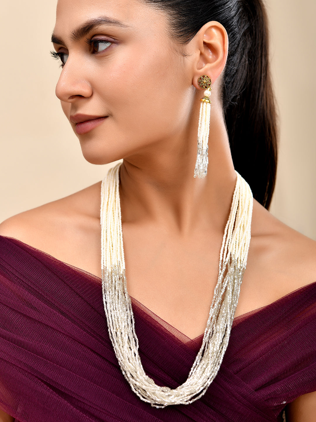Silver Beaded Necklace Set With Tassel Earrings Jewellery Set For Women