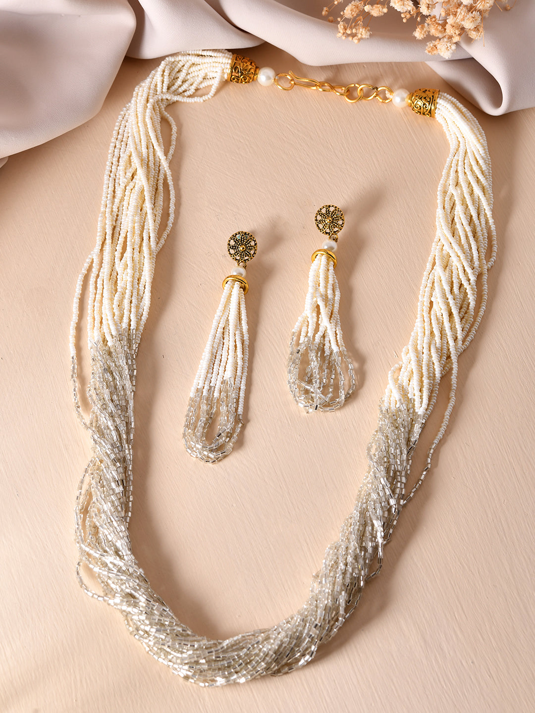 Silver Beaded Necklace Set With Tassel Earrings Jewellery Set For Women