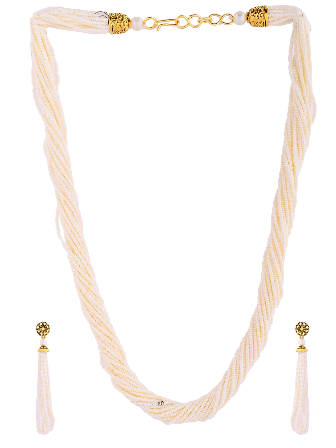 White Beaded Necklace Set With Long Earrings For Women