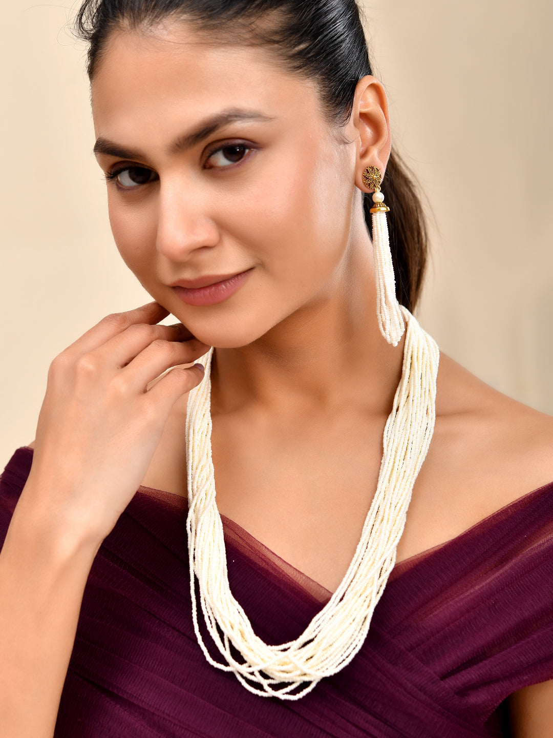 White Beaded Necklace Set With Long Earrings For Women