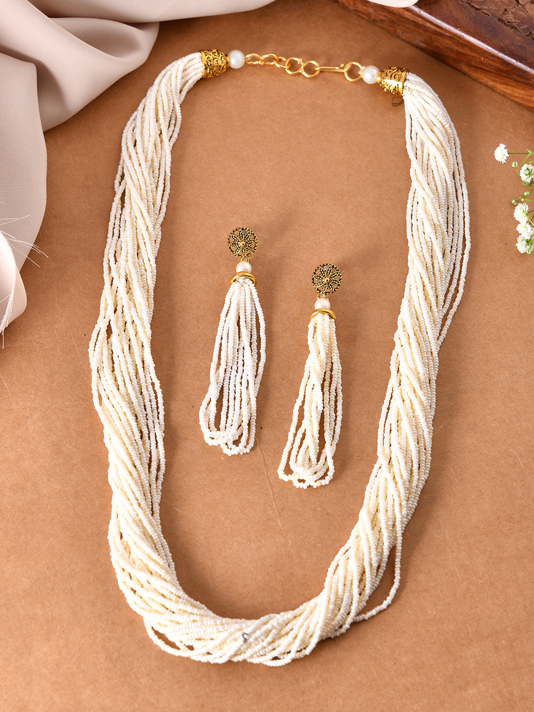 White Beaded Necklace Set With Long Earrings For Women