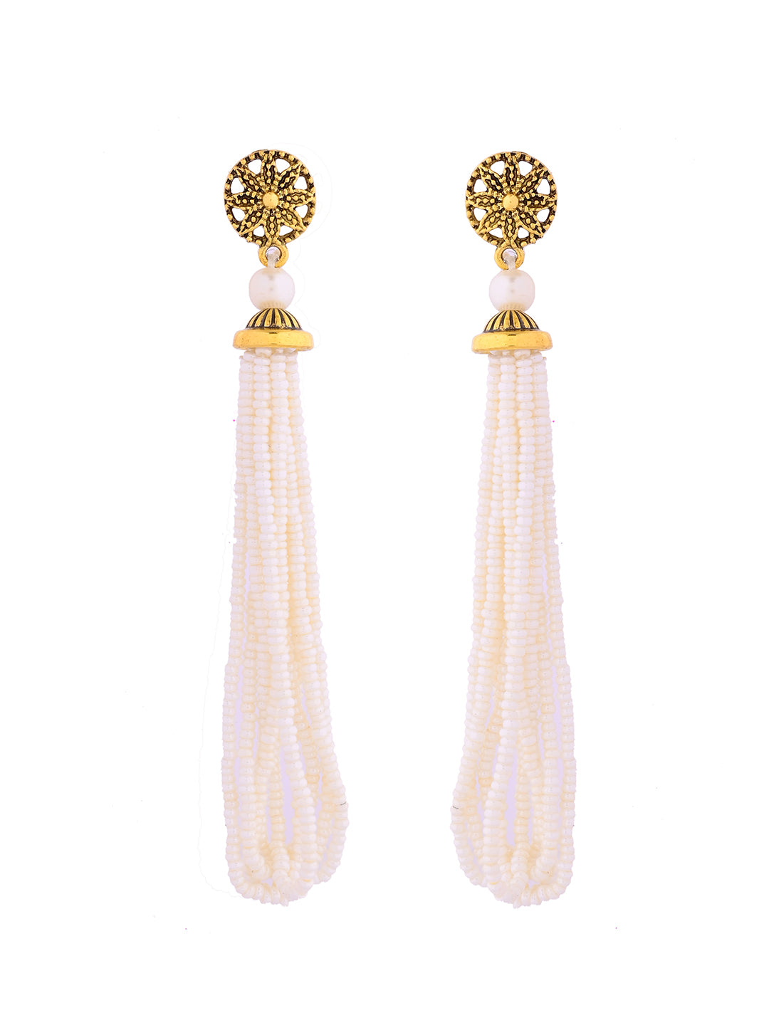 White Beaded Necklace Set With Long Earrings For Women