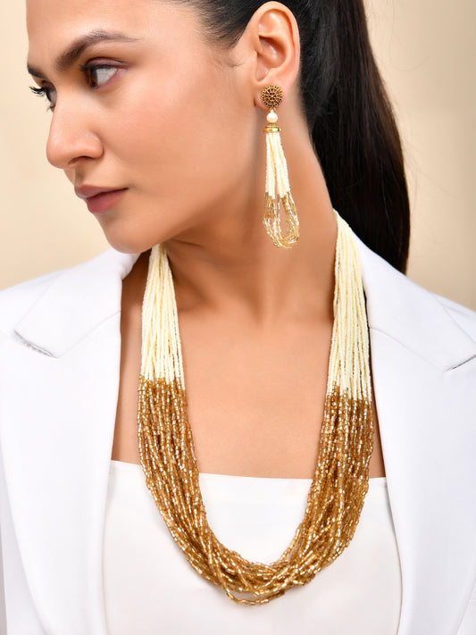 Gold Beaded Necklace Set With Tassel Earrings For Women