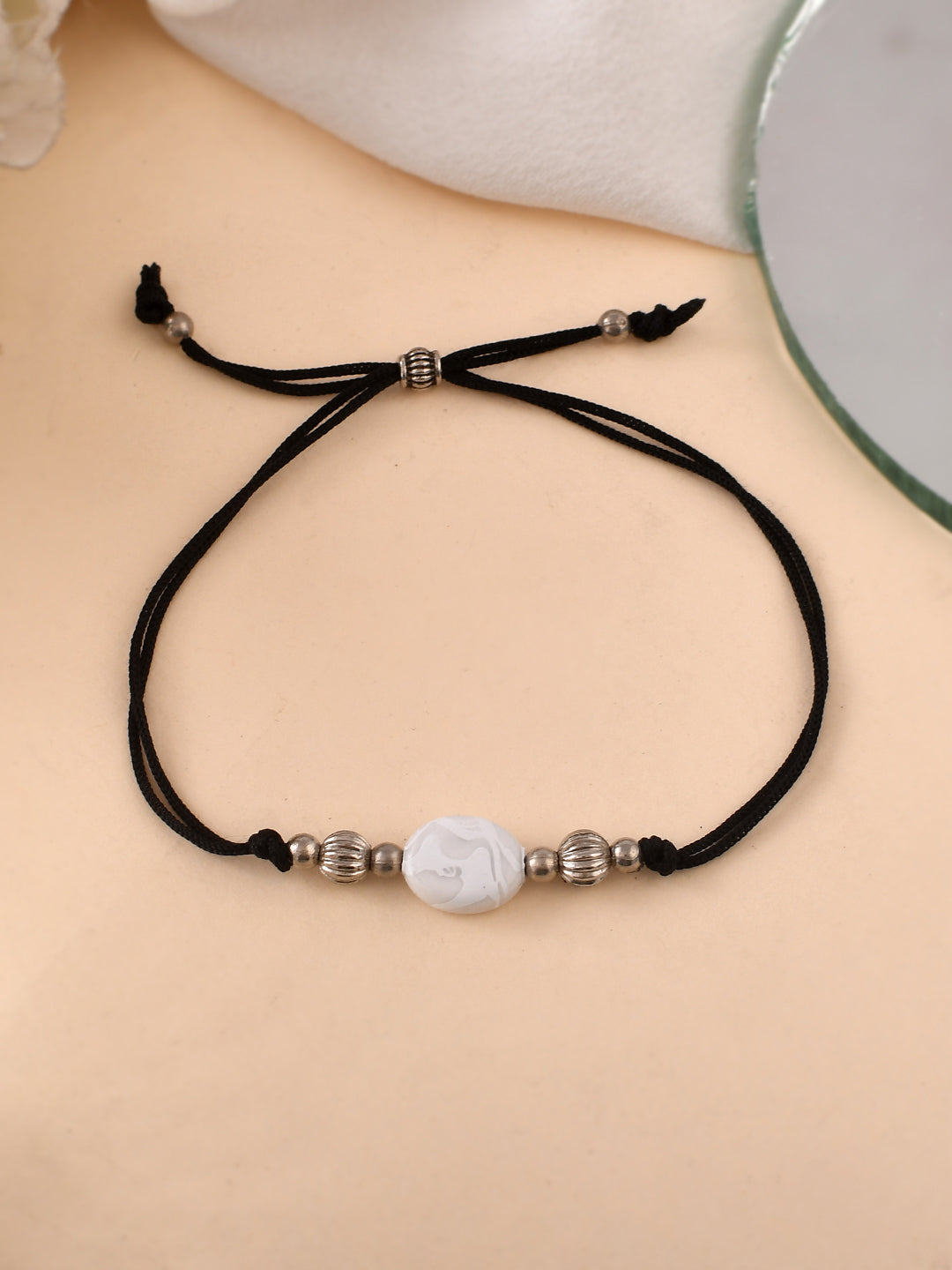 White Charm Beads Black Thread Anklet