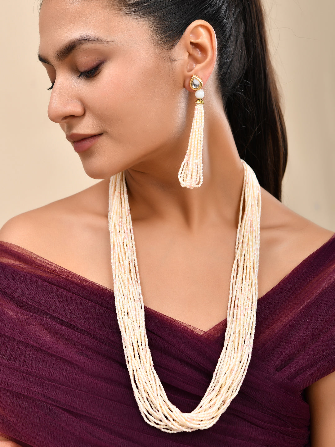 Traditional Beaded Long Jewellery Set With Earrings For Women