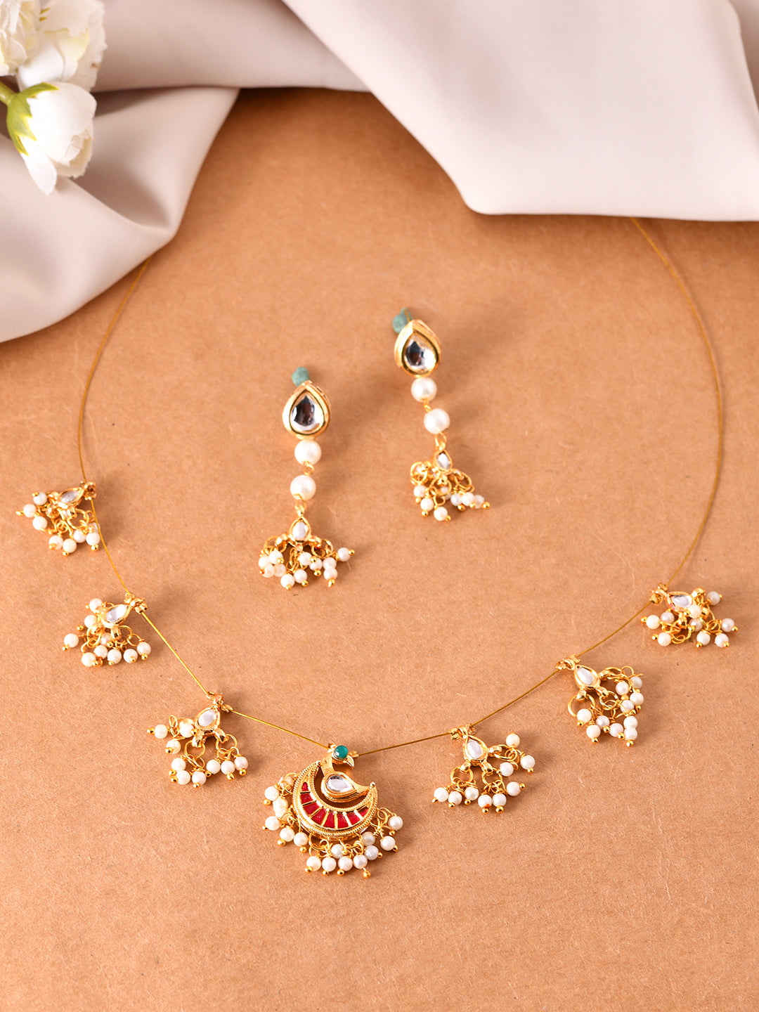 Traditional Kundan Necklace Set With Drops Earring For Women