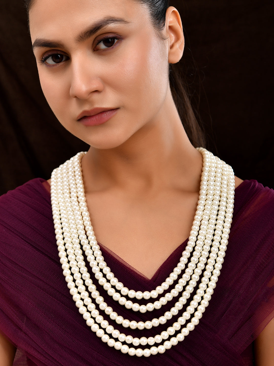Classic White Pearl Beads Necklace Layered Mala For Women