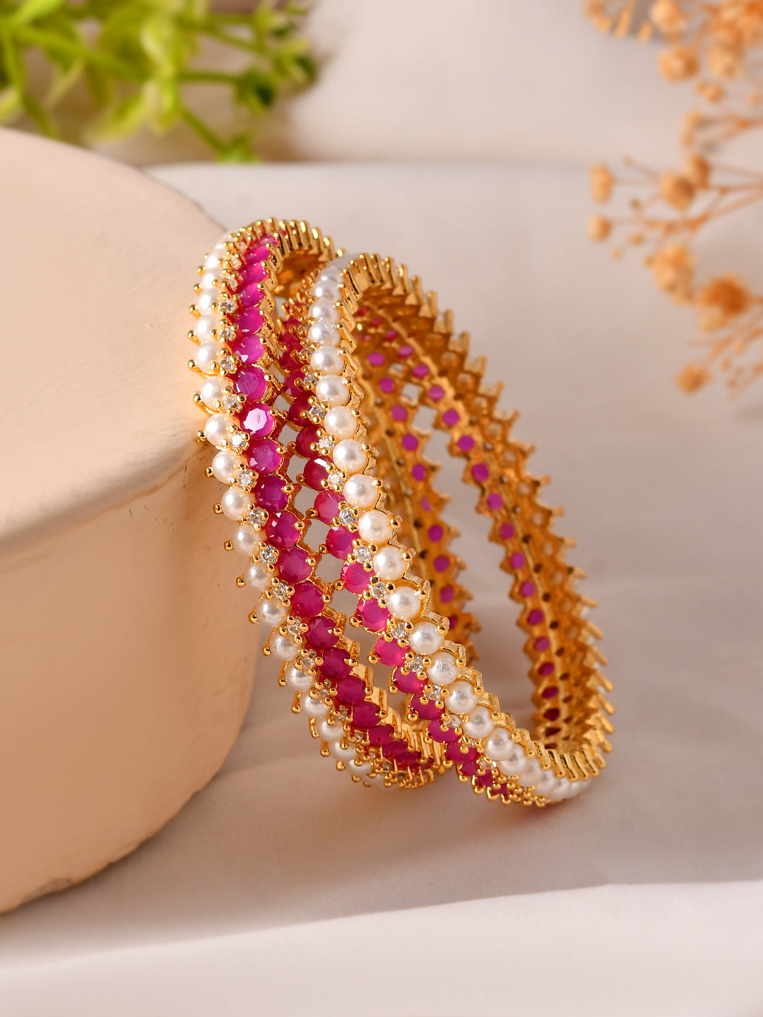 Gold Plated Stone Bangles For Women | Pearl & Ruby Look Bangles | Festive Bridal Jewellery